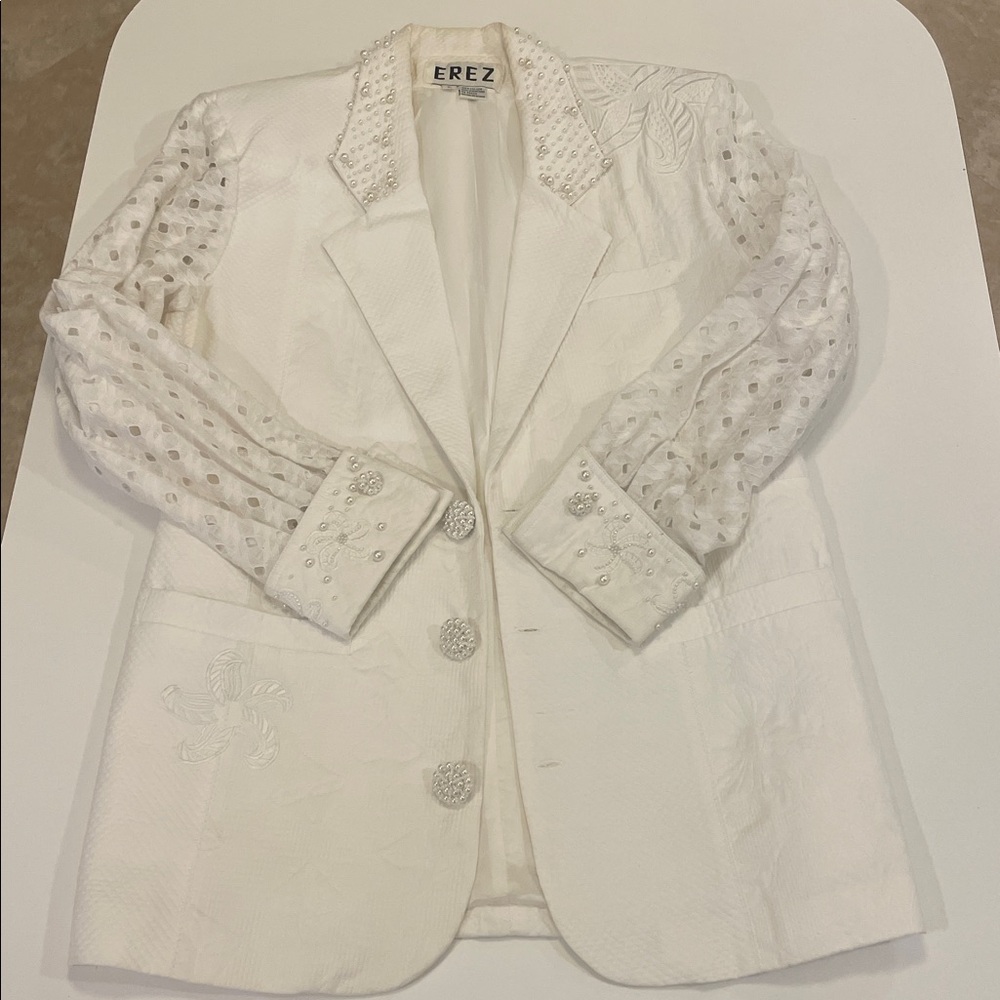 EREZ VINTAGE 100% cotton WHITE blazer with pearl details size L